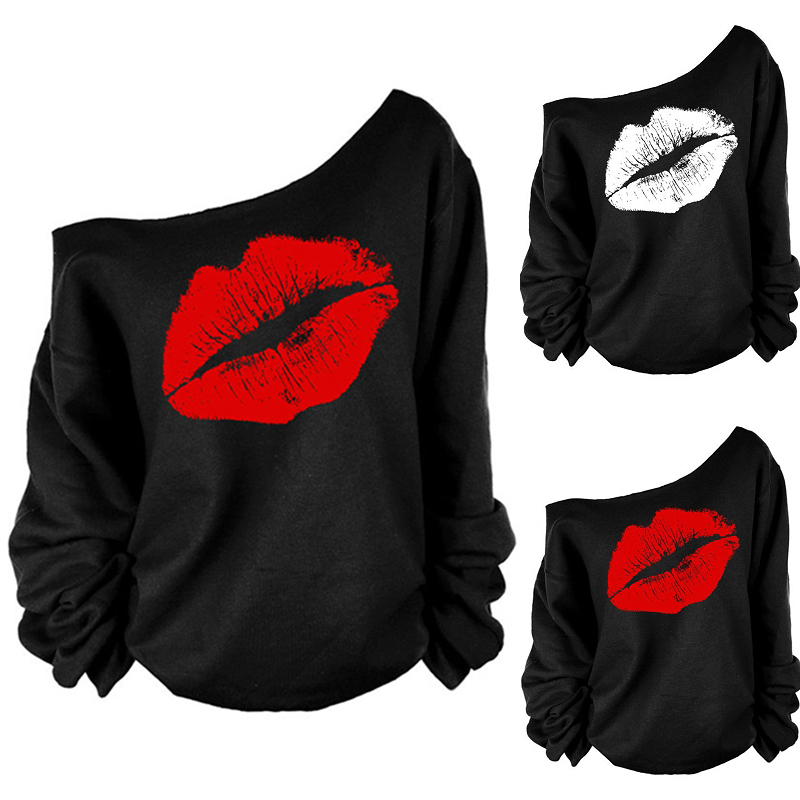 Sexy Red Lip Print T Shirt Women One Shoulder Plus Size T-shirt Long Sleeve Casual Loose Summer Tshirt Top Camisetas Mujer Black 201028