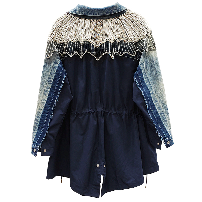 Spring European Patchowrk Industrial Shoulder Diamond Set Beads Cowboy Joint Waist Drawstring Mid-length Trench Coat 201017