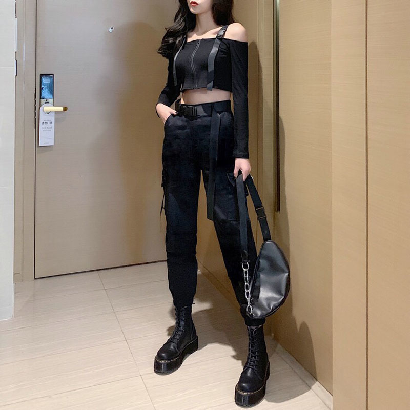 EACHIN Fashion Women Self Belted Elastic Waist Cargo Pants Female Loose Streetwear Pants Casual Plus Size Korean Style Trousers 201113