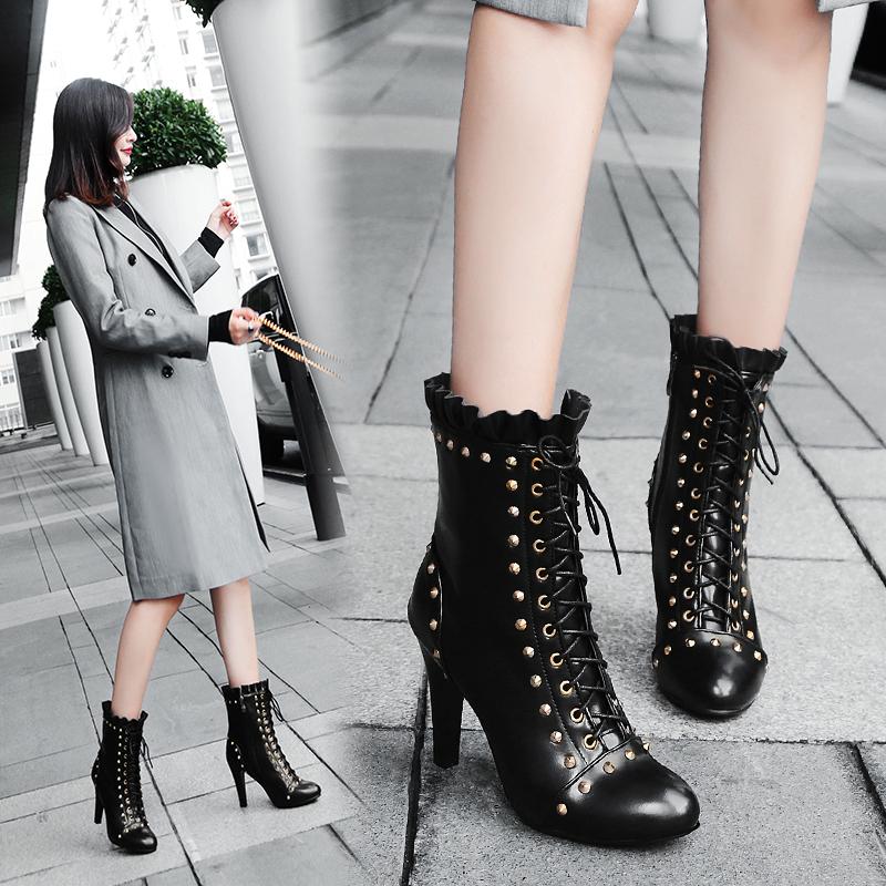 Fashion Women Boots Spring Autumn High Heels Shoes for Female Rivets Boots Ankle Ladies Black PU Leather Shoes for Women
Fashion Women Boots Spring Autumn High Heels Shoes for Female Rivets Boots Ankle Ladies Black PU Leather Shoes for Women