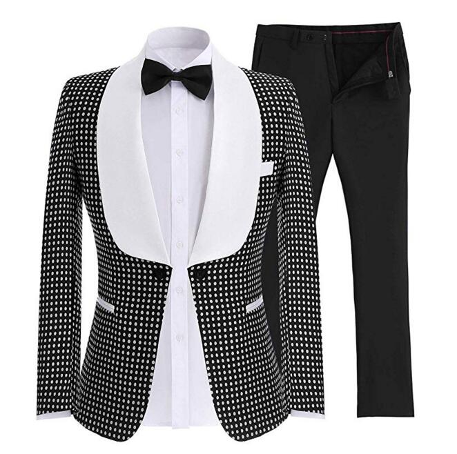 Navy Blue Polka Dot Groom Tuxedos Groomsmen Business Suit Mens Coat Blazer Trousers Sets Customize Size