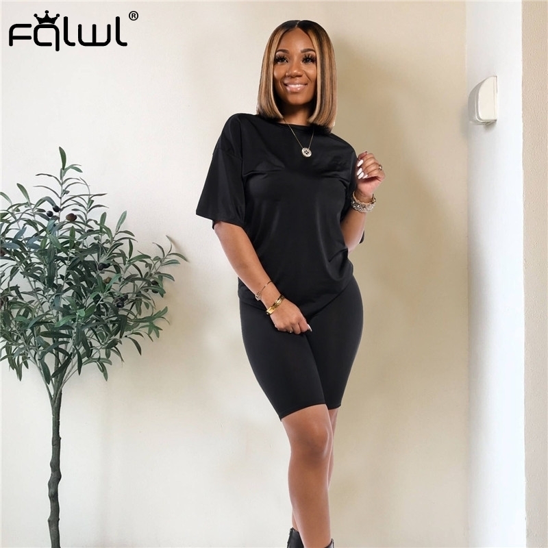 FQLWL Casual Two Piece Set Women Suit Matching Sets Pink Outfits Summer Clothes For Women Crop Top Biker Shorts Set Tracksuit T200603