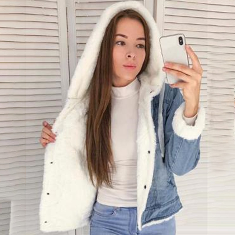 Fur jeans jacket women hooded short autumn winter denim women jacket coat plus size casual warm female coat outwear DR2335 201019