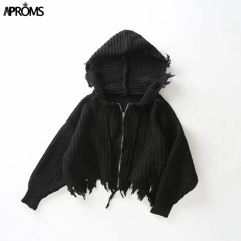 Aproms Casual Tassel Hooded Knitted Sweater Women Zipper Loose Cropped Cardigans Winter Coat Cool Gilrs Streetwear Jumper 201221