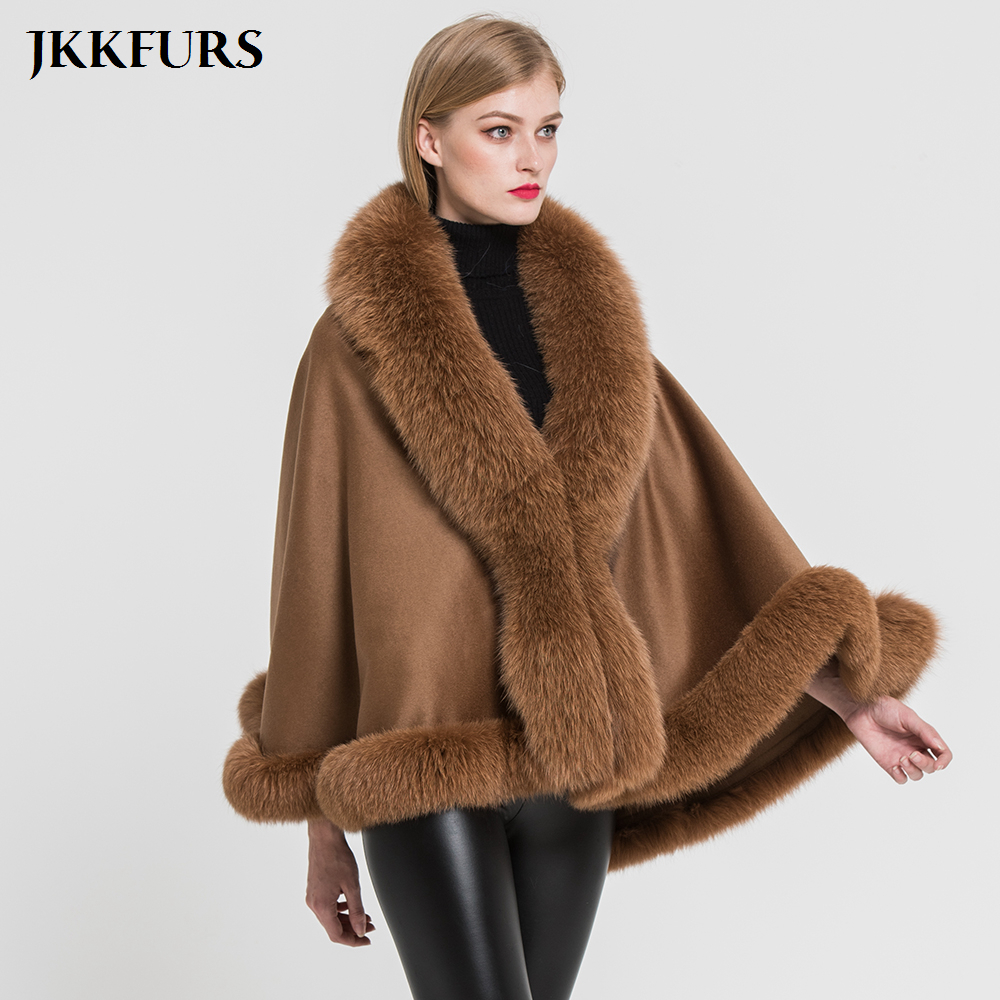 JKKFURS Women's Poncho Genuine Fox Fur Collar Trim & Cashmere Cape Wool Fashion Style Autumn Winter Warm Coat S7358 201103