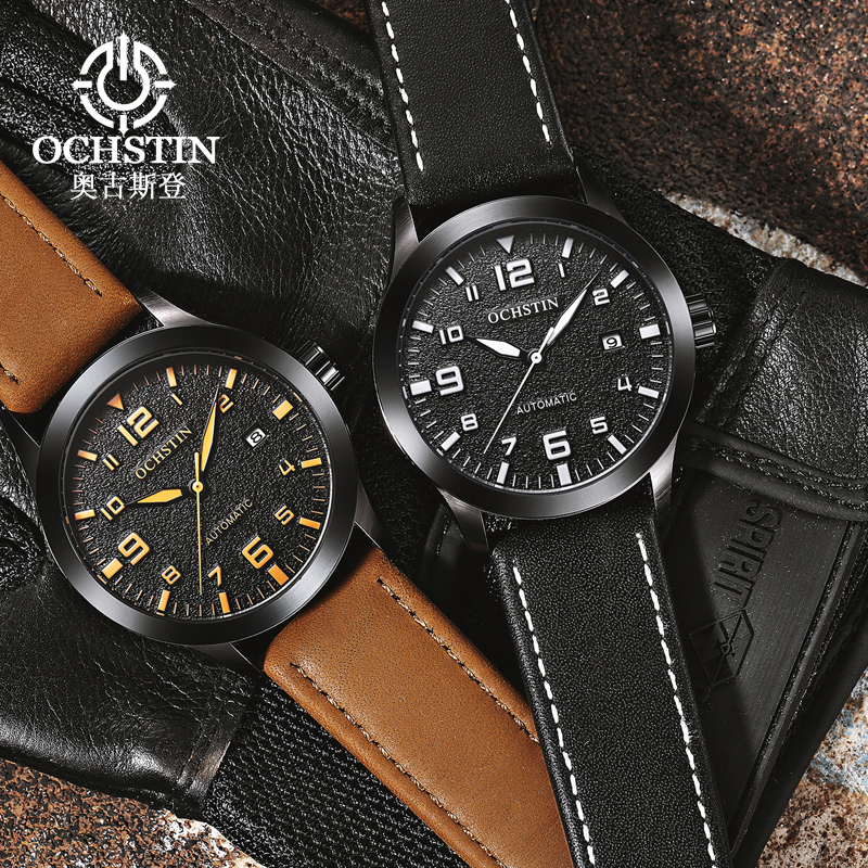OCHSTIN Man Mechanical Pilot Wrist Watches For Men Casual Self Winding Leather Mechanic Male Clock Date relogio masculino LJ201125