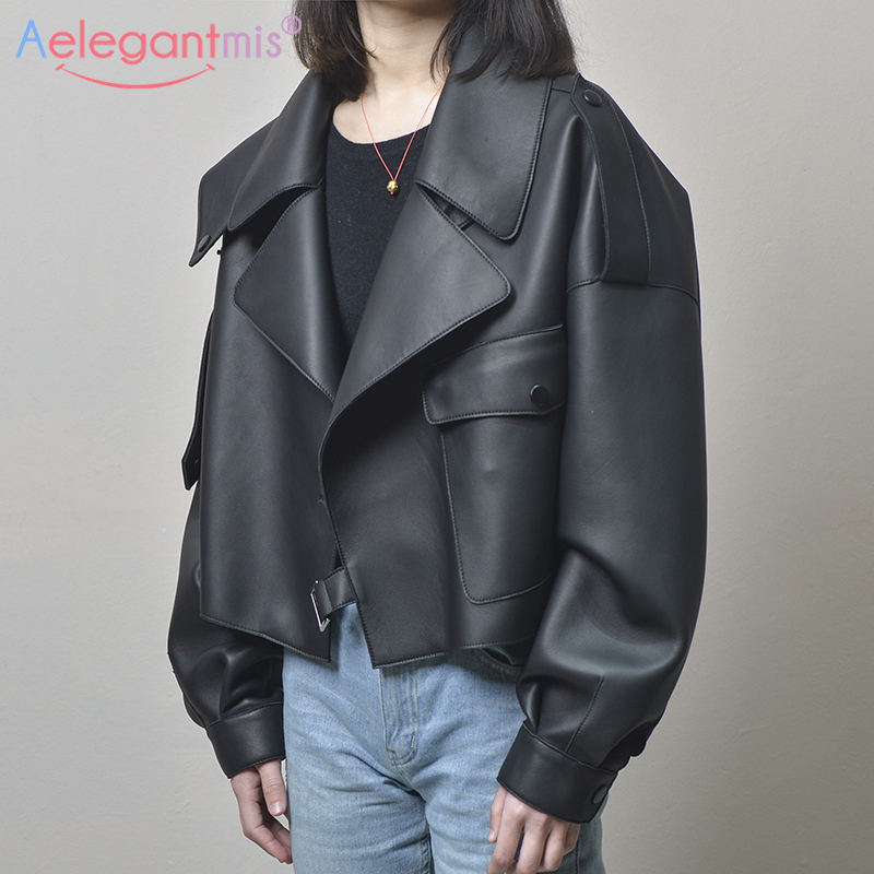 Aelegantmis Black Short Loose Pu Leather Jacket Autumn Winter Soft Faux Leather Jacket Street Casual Outwear Ladies Biker Jacket LJ201127