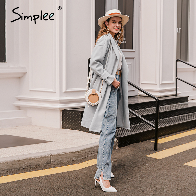 Simplee Elegant light grey autumn winter female long coat Office ladies wool blend overcoat Causal pocket fashion coat jacket 201216