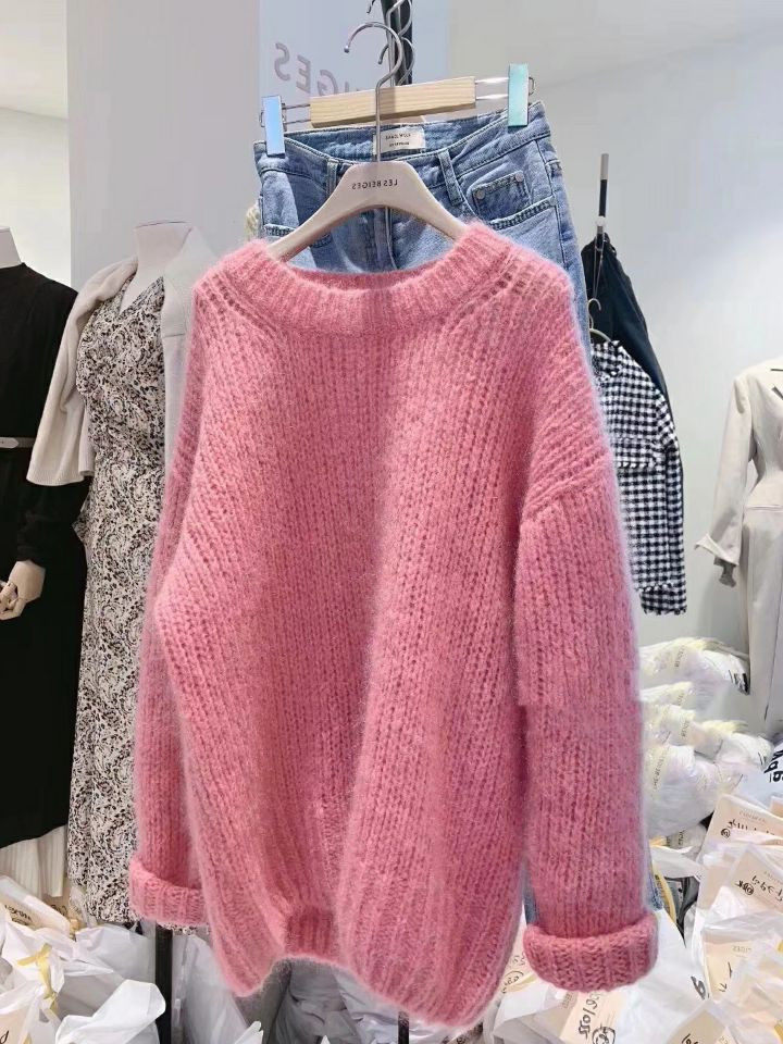Autumn winter new womens o-neck loose pink color palazzo knitted sweater jumper tops