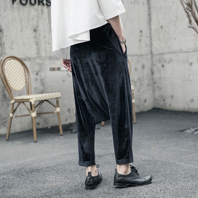 EAM High Elastic Waist Black Velvet Long Wide Leg Trousers Loose Fit Pants Women Fashion Spring Autumn 1R602 201228