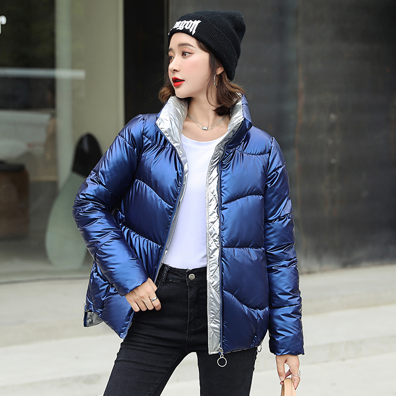 New Women Parkas Short Glossy Down Cotton Jacket Coats Zipper Padded Waterproof parka Pocket Stand collar Shiny coat 201019