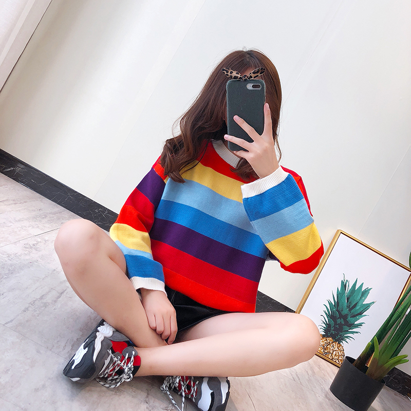 Heliar Autumn Winter Rainbow Stripe Sweater New INS Knit Sweater Long Sleeve Relaxed Lazy Style Women O Neck Pullovers 201017