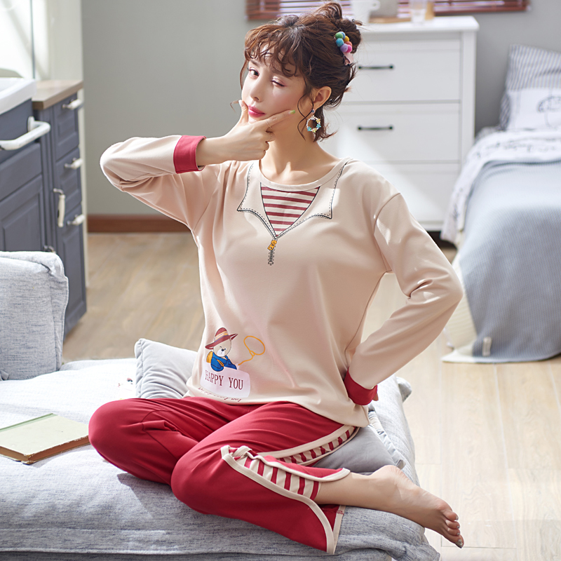 Cartoon Women Pajamas Autumn Knitted Cotton Women's Pajama Set Long Sleeve Plus Size Pijama Female Sleepwear Homewear Clothes 201027