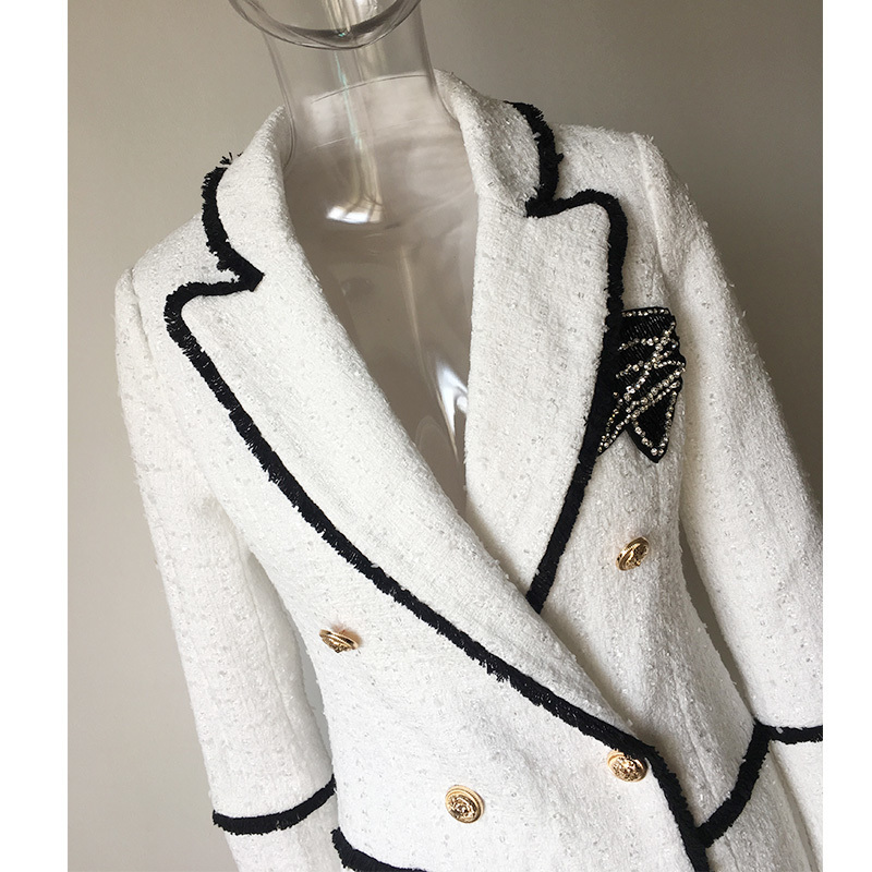 Plus Size XXXL Women High Street Long Jackets Runway Beading Double Breasted Solid Color White Slim Chic Blazers High Quality 201102