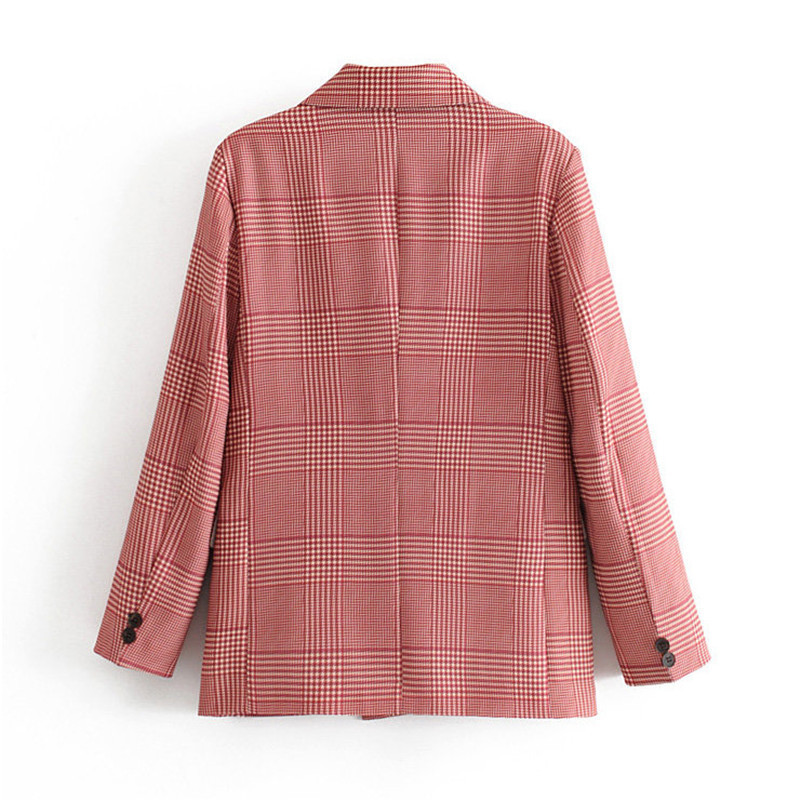 Women elegant houndstooth plaid Suit blazer Notched Collar long sleeve pockets red coat female office wear fashion tops 201102