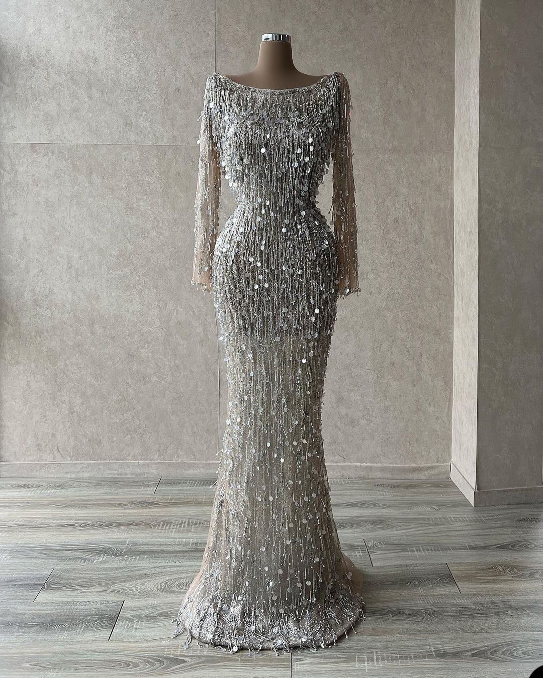 Luxury Mermaid Formal Prom Dresses With Jewel Long-sleeves Evening Dress Chic Tiered Party Gowns Custom Made Sequined race Robe de mariée