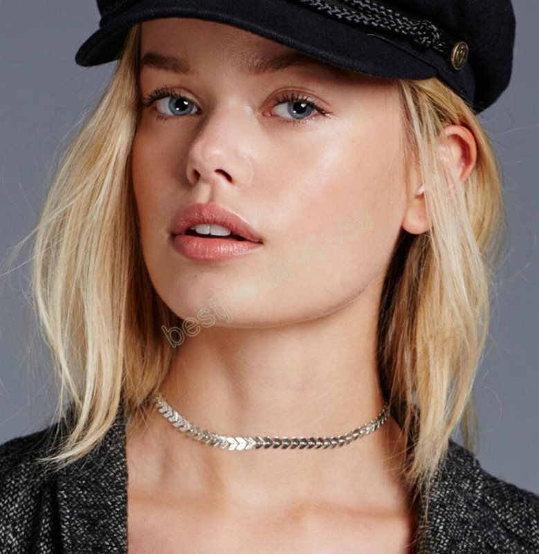 Simple Minimalist Copper Flat Fishbone Chain Choker Necklace Punk V-Shaped Short Collar Clavicle Necklace Women Jewelry