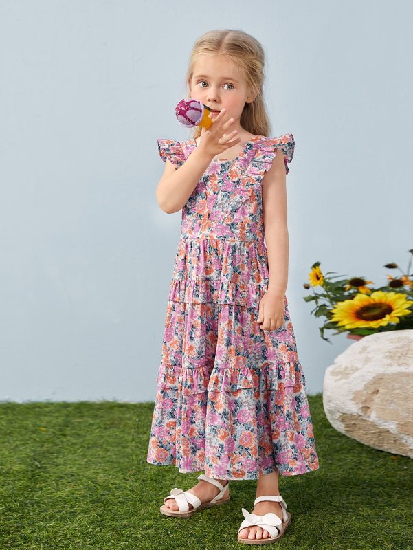 Toddler Girls Allover Floral Print Backless Butterfly Sleeve Layered Ruffle Hem Dress SHE