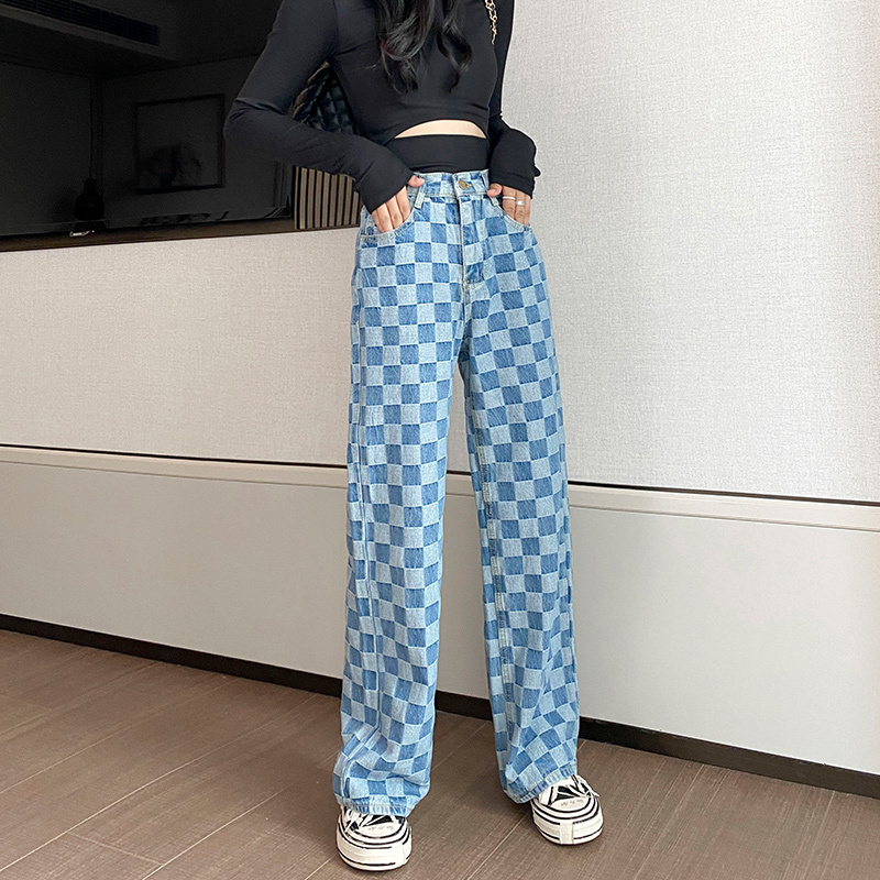 Blue Plaid jeans for women summer high waist wide Sexy Denim Loose ladies oversized jeans pants 201105