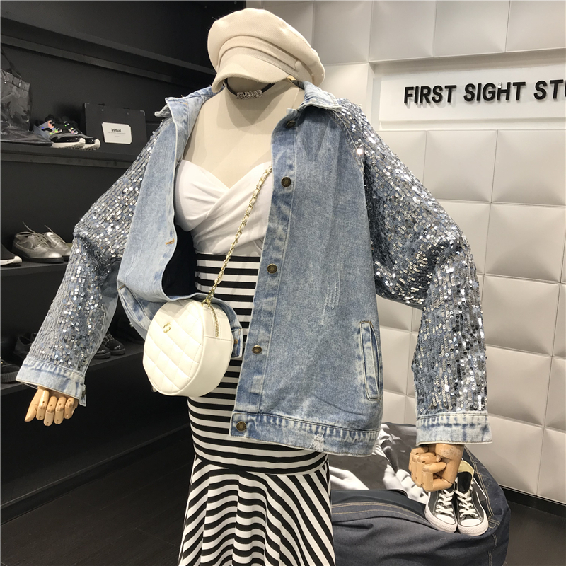 CHICEVER Korean Patcheork Sequined Denim Jacket For Women Lapel Collar Long Sleeve Oversize Loose Hole Coats Female Clothes 201029