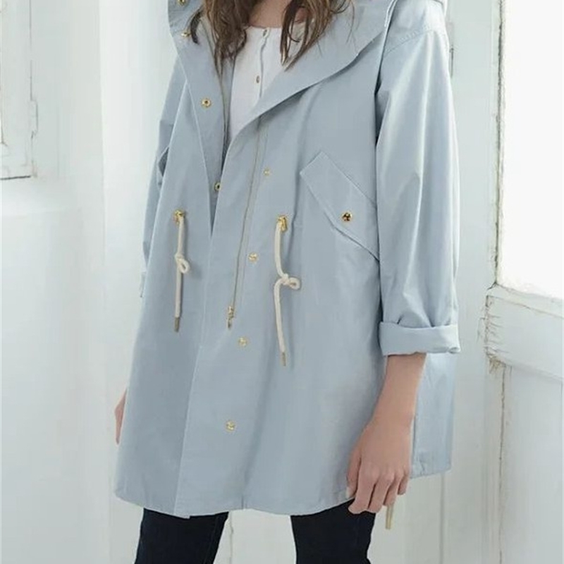 Women Trench New Loose Candy Drawstring Waist Trench Coat Mid-length Hooded Jacket 201102