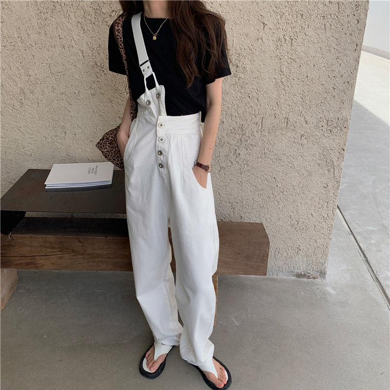 Denim Overalls Jeans Women Jumpsuit White Black High Waist Jeans Mujer Romper Solid Loose Casual Straight Jeans Jumpsuit 201105