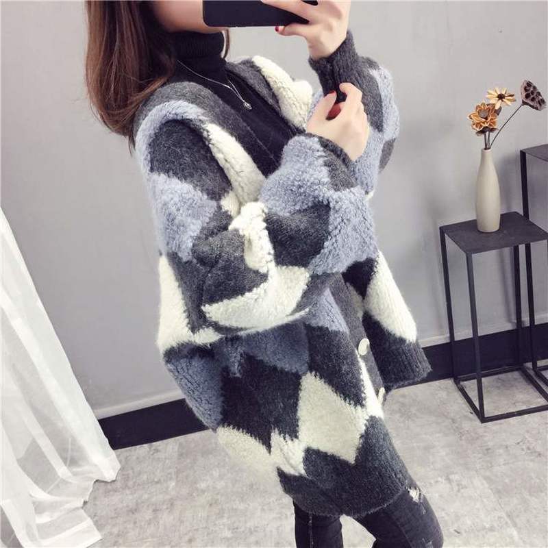 Neploe Sweater Cardigan Women Autumn Winter Korean Thick Knit Cardigans Argyle Oversized Hit Color Knitwear Outwear Coat 55306 201111wtt