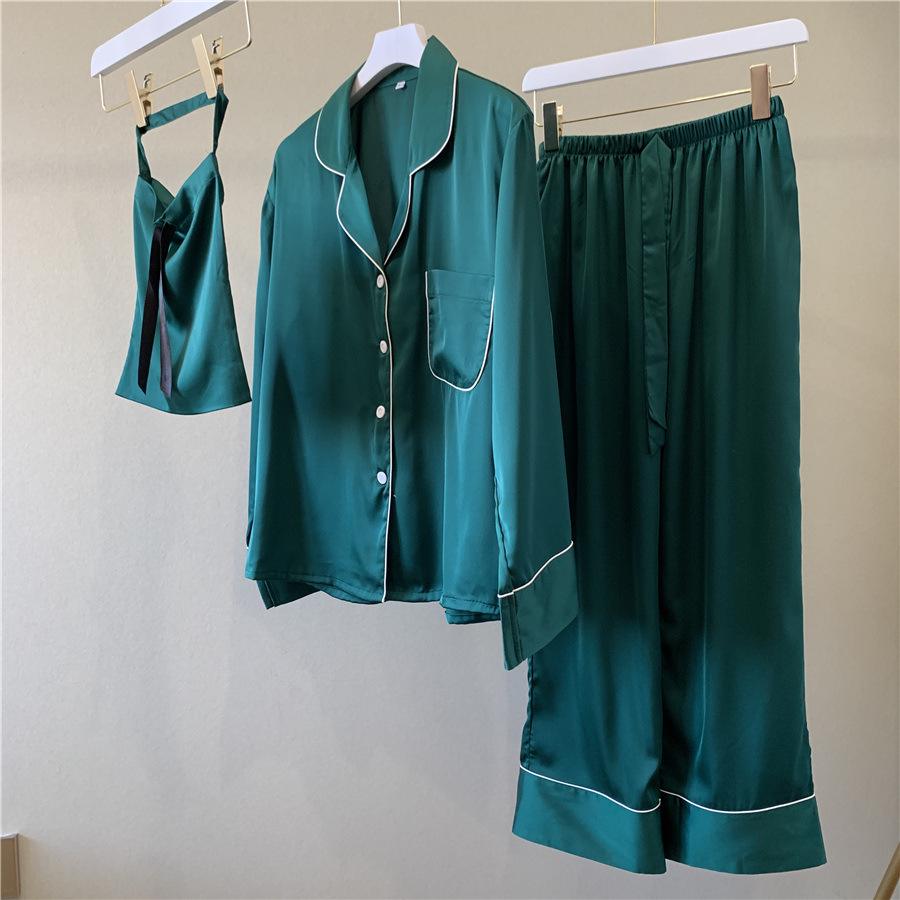 Pajama Set Silk Home Suit Solid color Pyjamas Women Long Sleeve Turn-down Collar Womens Pijama Mujer Home Clothing 210203