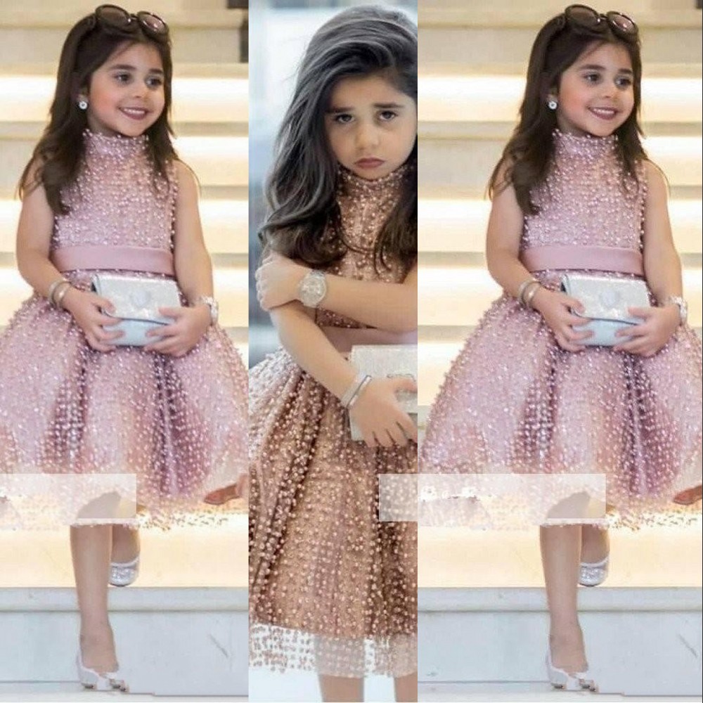 New Dusty Pink Girls Pageant High Neck Pearls Lace Flower Girl Dresses Short Knee Length Kids Wear Birthday Party Communion Dress