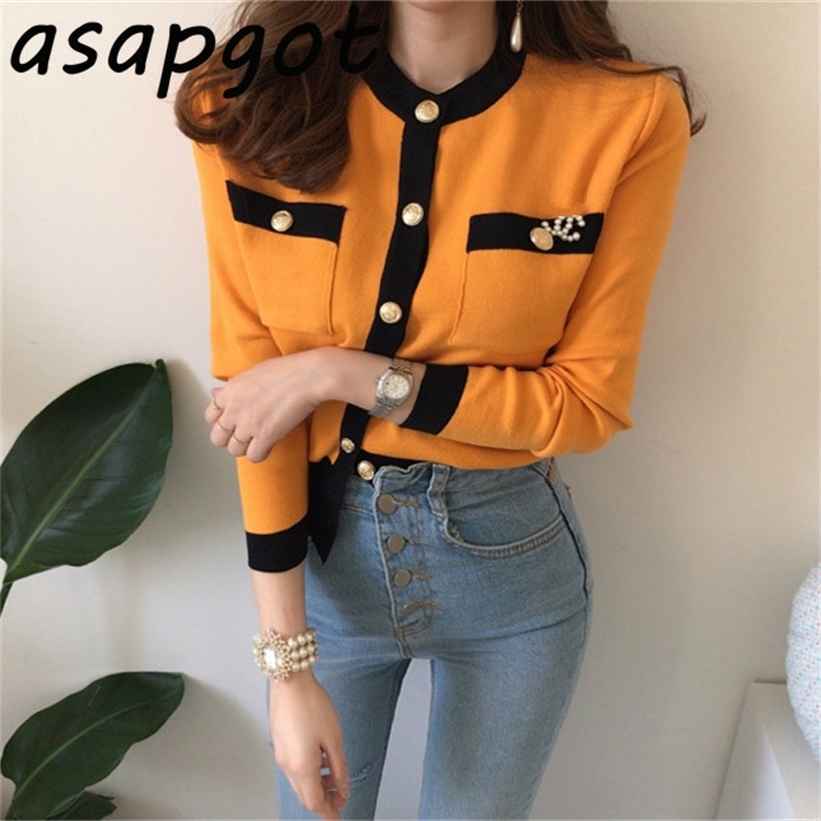 Chic French Autumn Fragrant Pink Loose Round Neck Contrast Color Sweater Women Short Gold Button Pocket Cardigan Orange Casual 201222