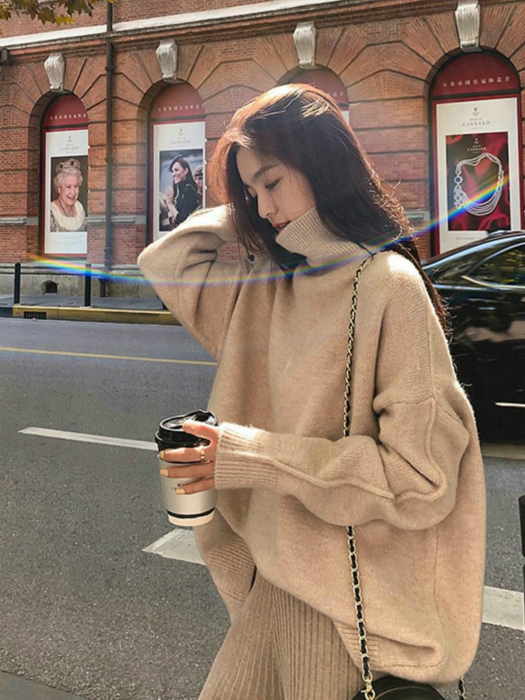 NIJIUDING Women Loose Lazy Autumn Winter Thick Sweaters Wear New Long Sleeve Turtlenck Knitted Shirt Pullover Wool Tops 201221