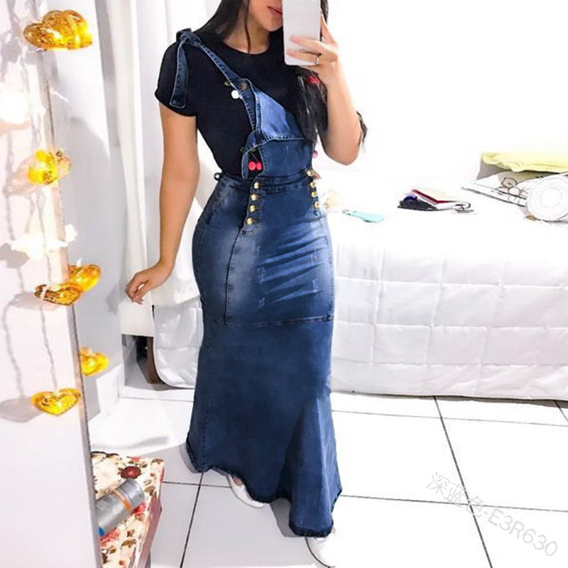 New Suspender Skirt Women Overalls No Stretchy Maxi Long Skirt Mermaid Trumpet Empire High Waist Jeans J9D793 201110