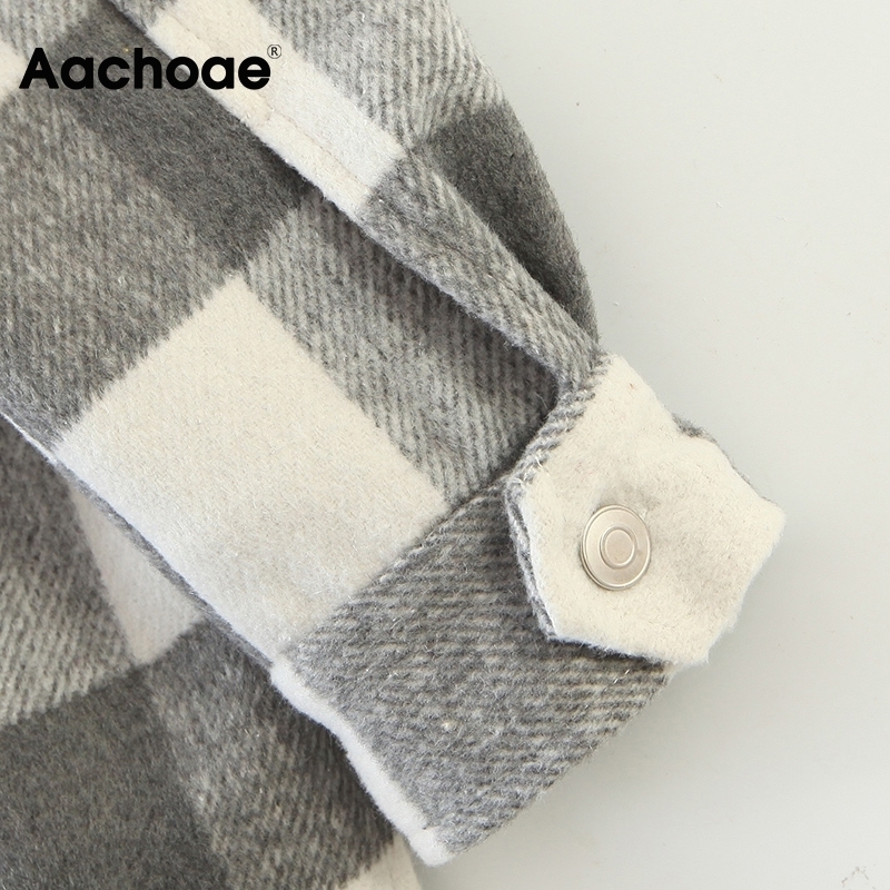 Aachoae Women Vintage Tweed Plaid Shirt Jacket Long Sleeve Single Breasted Coat With Pockets Turn Down Collar Ladies Jackets 201112