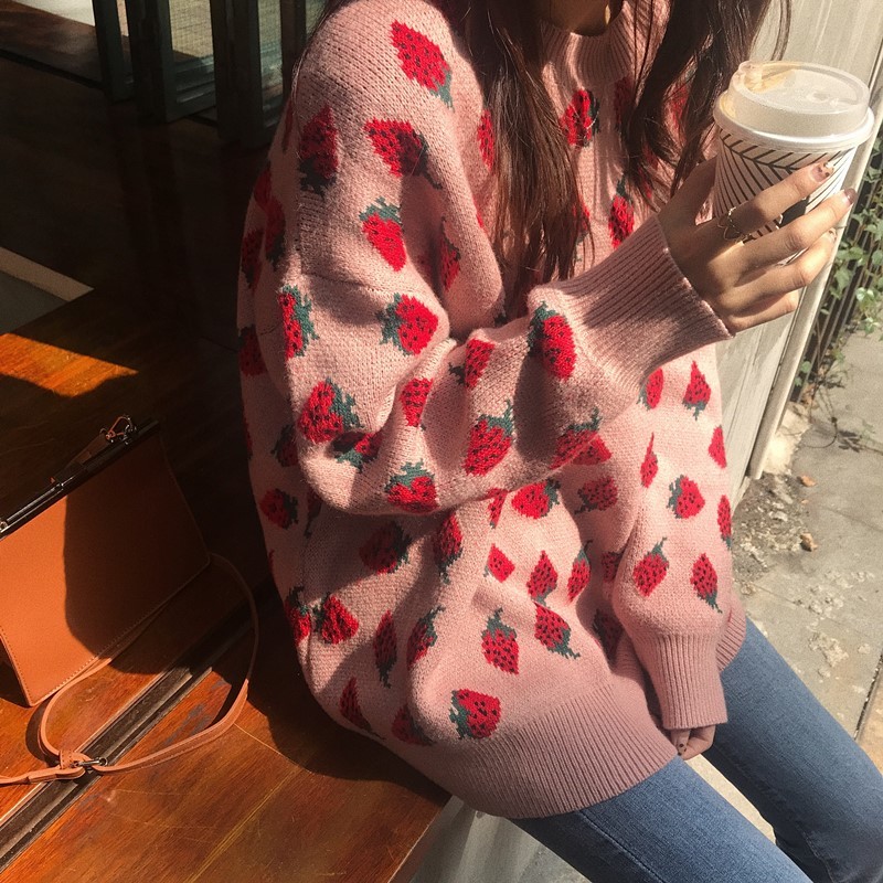 OCEANLOVE Sweet Women Sweaters Strawberries Print Long Pullovers Tops Autumn Winter Loose Sueter Mujer Girls Knitwear 12498 201225
