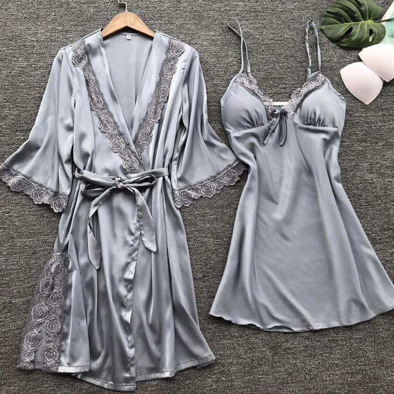 Women Slik Satin Robe Nightdress Set 2020 Sexy Sleepwear Floral Lace Patchwork Long Sleeve Bathrobe Nightgown Set Bielizna Nocna, Beige
Women Slik Satin Robe Nightdress Set 2020 Sexy Sleepwear Floral Lace Patchwork Long Sleeve Bathrobe Nightgown Set Bielizna Nocna, Beige
