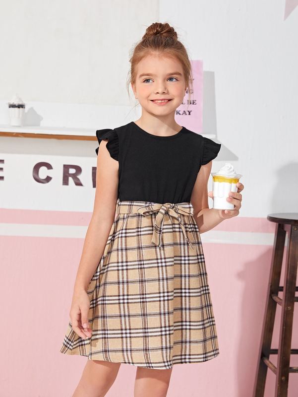 Girls Plaid Ruffle Sleeve Belted Dress SHE
