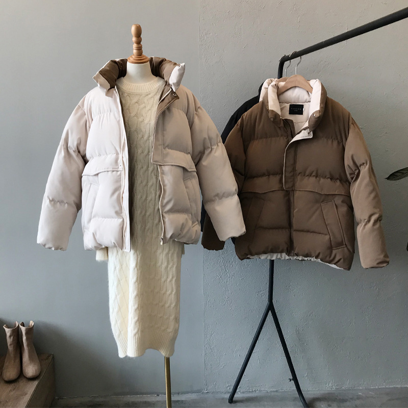 Winter Style Solid Cotton-Padded Jacket Women Oversize Bread Stand-Up Collar Thick Warm Causal Chic Coat Parka CRRIFLZ 201125