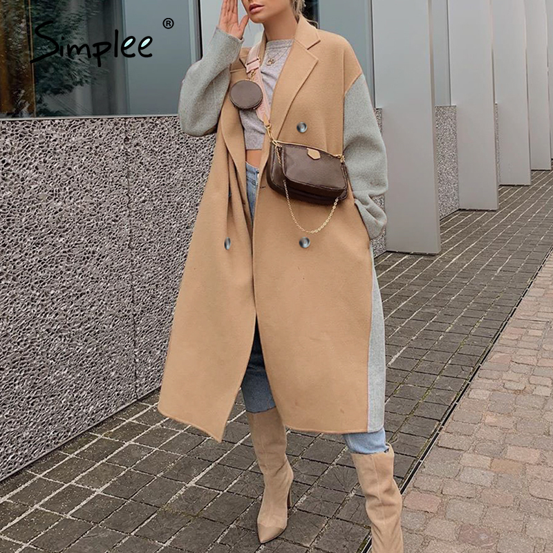 Simplee Elegant camel woman wool coat long Causal winter fashion womens coats jacket High street split warm autumn coat 201103