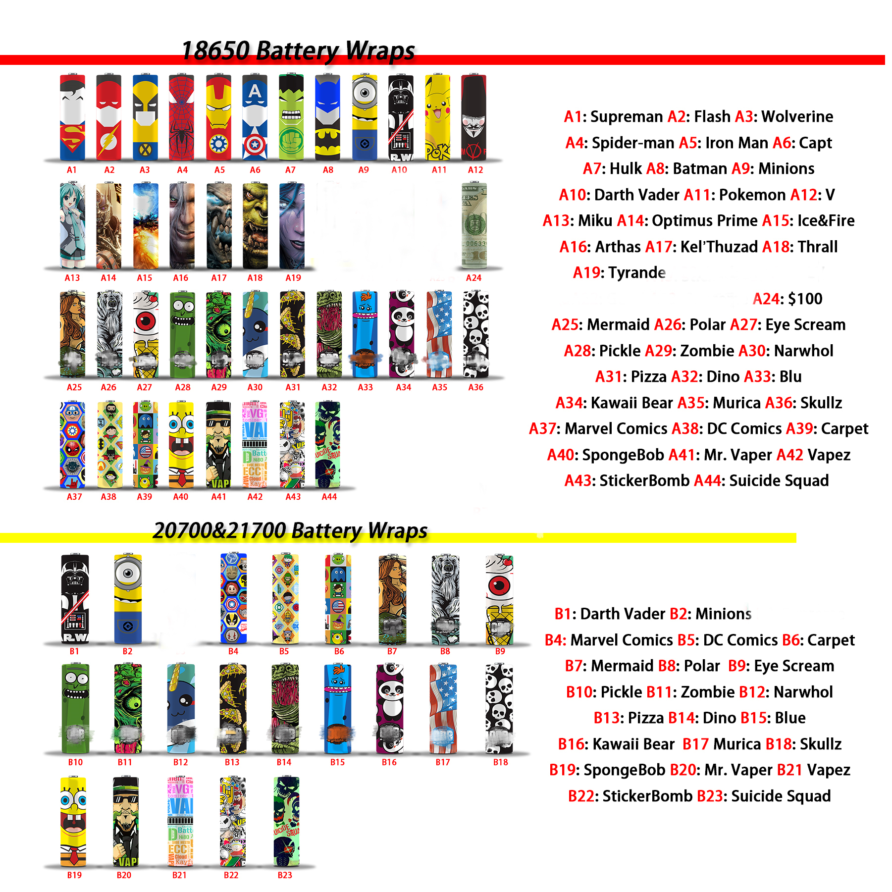 58 designs for 18650 20700 21700 battery Wraps PVC Sticker Shrinkable Wrap Cover Sleeve Heat Shrink Re-wrapping for Batteries Wrapper 
58 designs for 18650 20700 21700 battery Wraps PVC Sticker Shrinkable Wrap Cover Sleeve Heat Shrink Re-wrapping for Batteries Wrapper