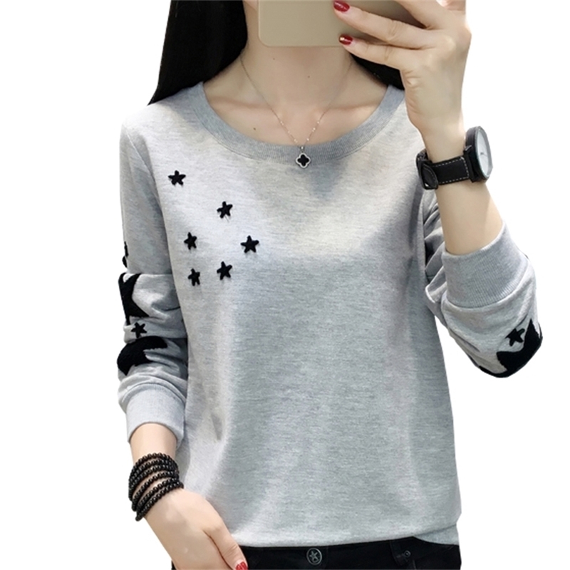 Hoodie Womens Autumn Korean Embroidered Stars Fashion Women Sweatshirt Plus Size O-Neck Blouse Long Sleeve Pullover Clothes 201212