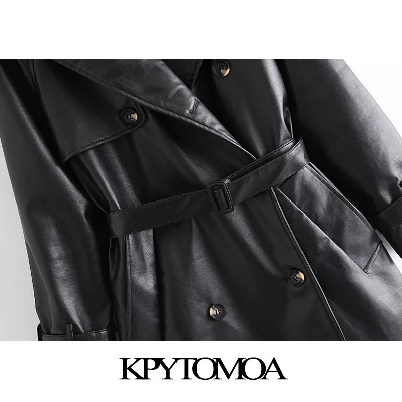 KPYTOMOA Women Fashion With Belt Double Breasted Faux Leather Trench Coat Vintage Long Sleeve Female Outerwear Chic Overcoat 201211