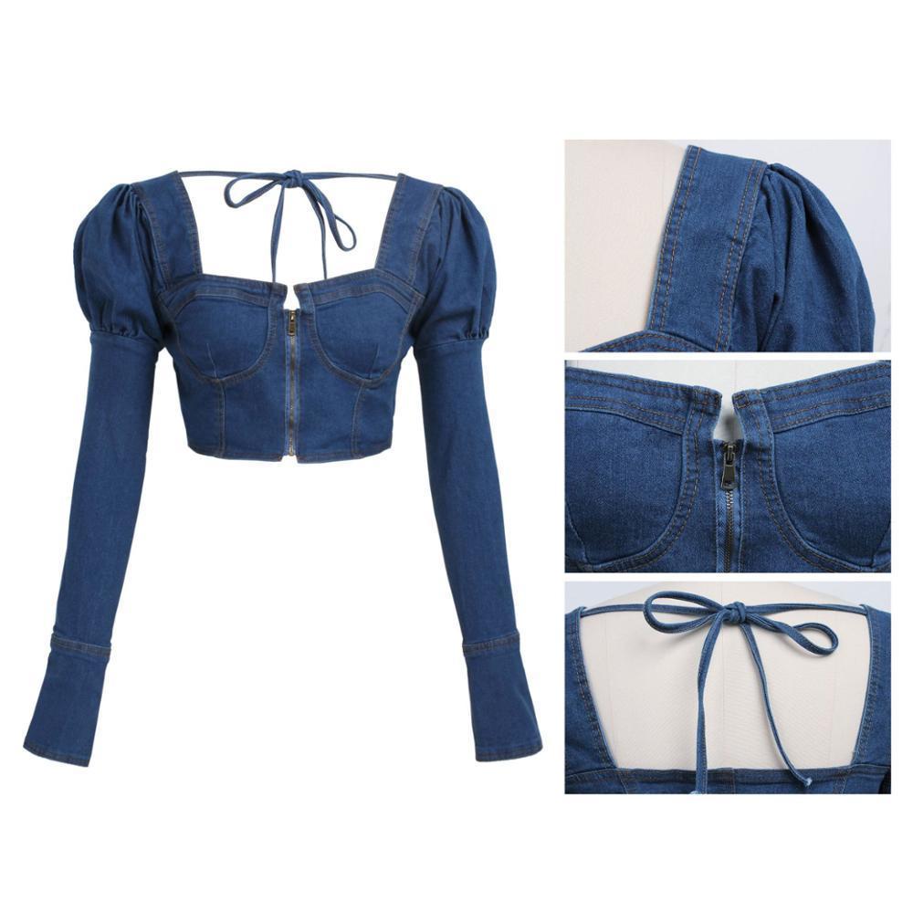 Wjustforu Sexy Bandage Short Denim Jacket For Women Zipper Casual Flare Sleeve Jean Coat Female Fashion Hollow Out Party Jacket 201017