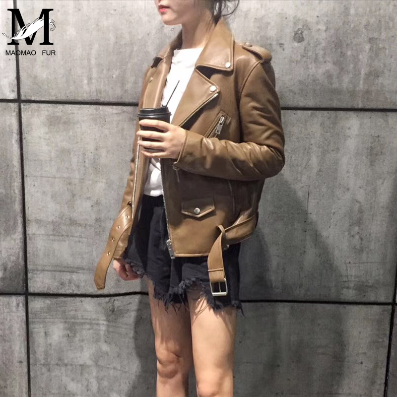 New Fashion Women Autumn Candy Color Leather Jackets Zipper Basic Sheepskin Coat Turndown Collar Biker Jacket With Belt 201030