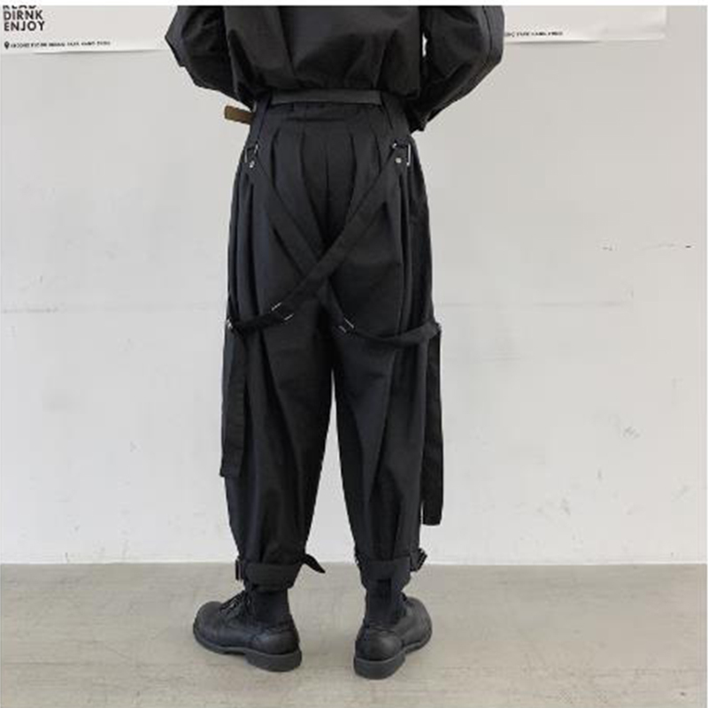 Men Japan Streetwear Punk Gothic Bandage Casual Harem Pant Male Vintage Hip Hop Wide Leg Trousers Stage Clothing Kimono Pant 201128