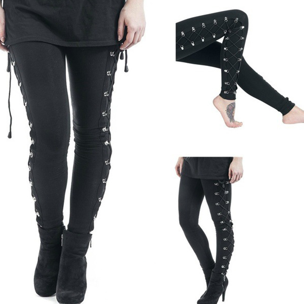 Skinny Pencil Pants Women Gothic Punk Trousers Elastic Long Pants Halloween Side Lace Up Pants Black Workout Vintage Trouser D30 201228