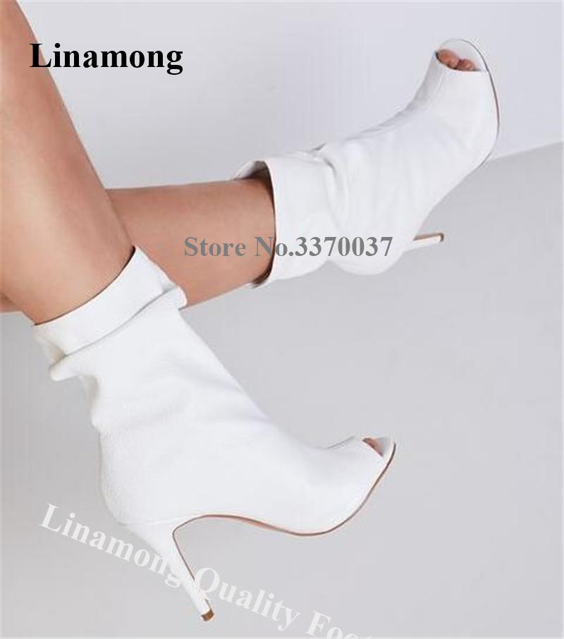 Linamong Fashion Peep Toe White Leather Stiletto Heel Short Boots Slip-on Solid Color Ankle Booties Customize Colors Dress Shoes
Linamong Fashion Peep Toe White Leather Stiletto Heel Short Boots Slip-on Solid Color Ankle Booties Customize Colors Dress Shoes