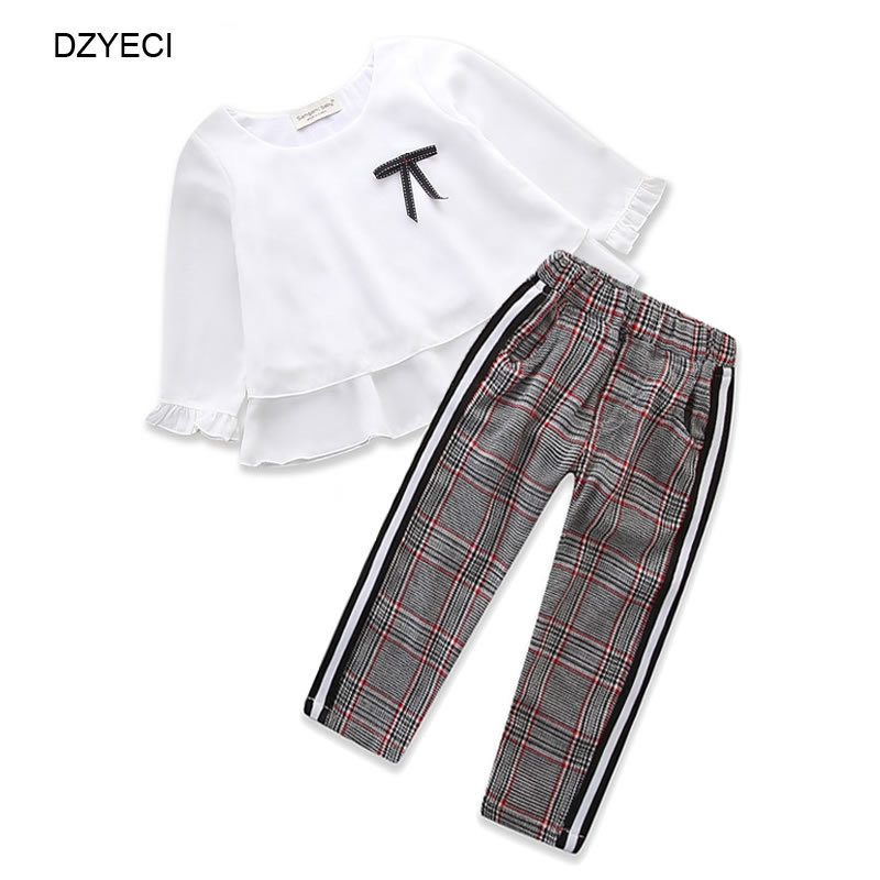 DZYECI Little Baby Girl 2PC Set Boutique Outfit For Kid Bow Ruffle T Shirt Top+Plaid Pant Suit Child Back To School Tracksuit 201031