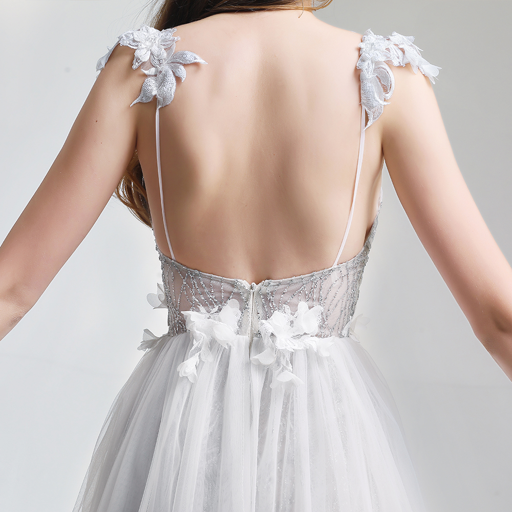 Fashion White Lace Evening Dress Sexy V-neck Backless Beach Dress Vestido De Fiesta Banquet Flower Party Formal Gown in Stock