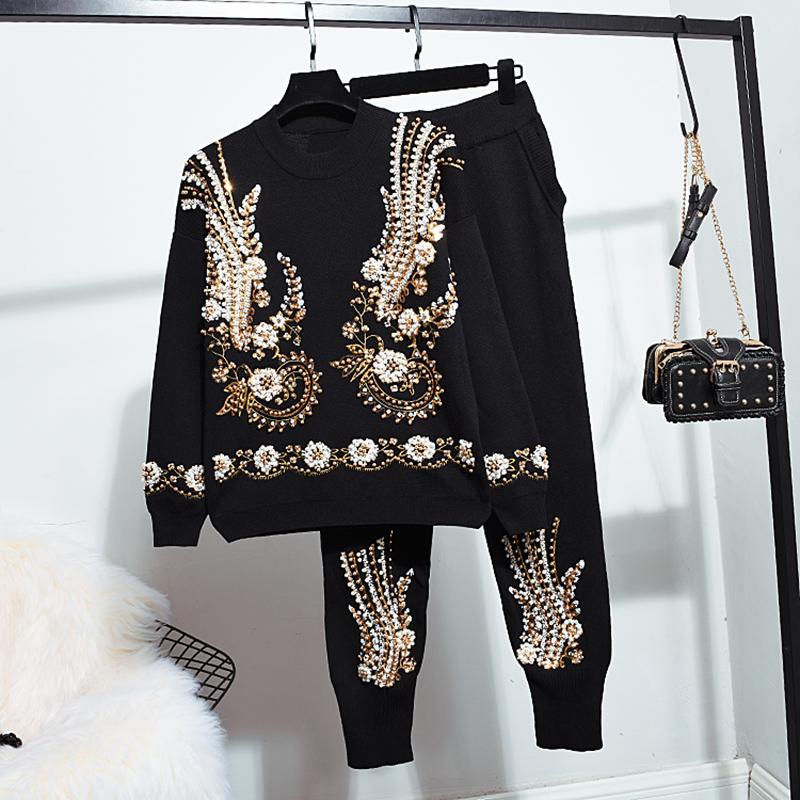 Autumn New Tracksuit Women Fashion Beading Embroidery Long Sleeve Knitted Sweater + Harlan Little Feet Pants Two Piece Set H720, Black
Autumn New Tracksuit Women Fashion Beading Embroidery Long Sleeve Knitted Sweater + Harlan Little Feet Pants Two Piece Set H720, Black