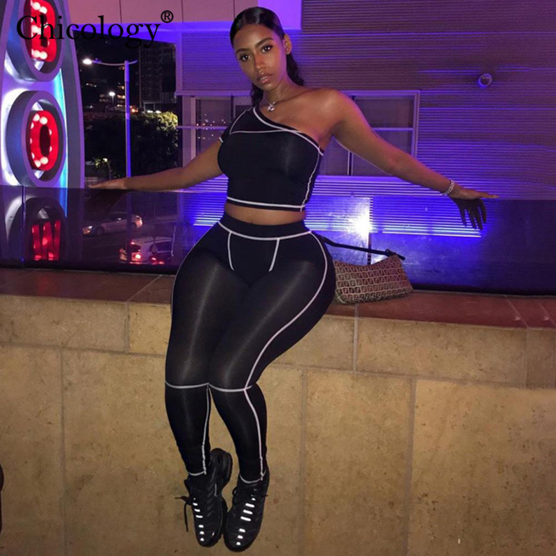 Chicology one shoulder crop top long pants leggings patchwork line female 2 two piece matching set 2019 summer sexy women outfit T200603